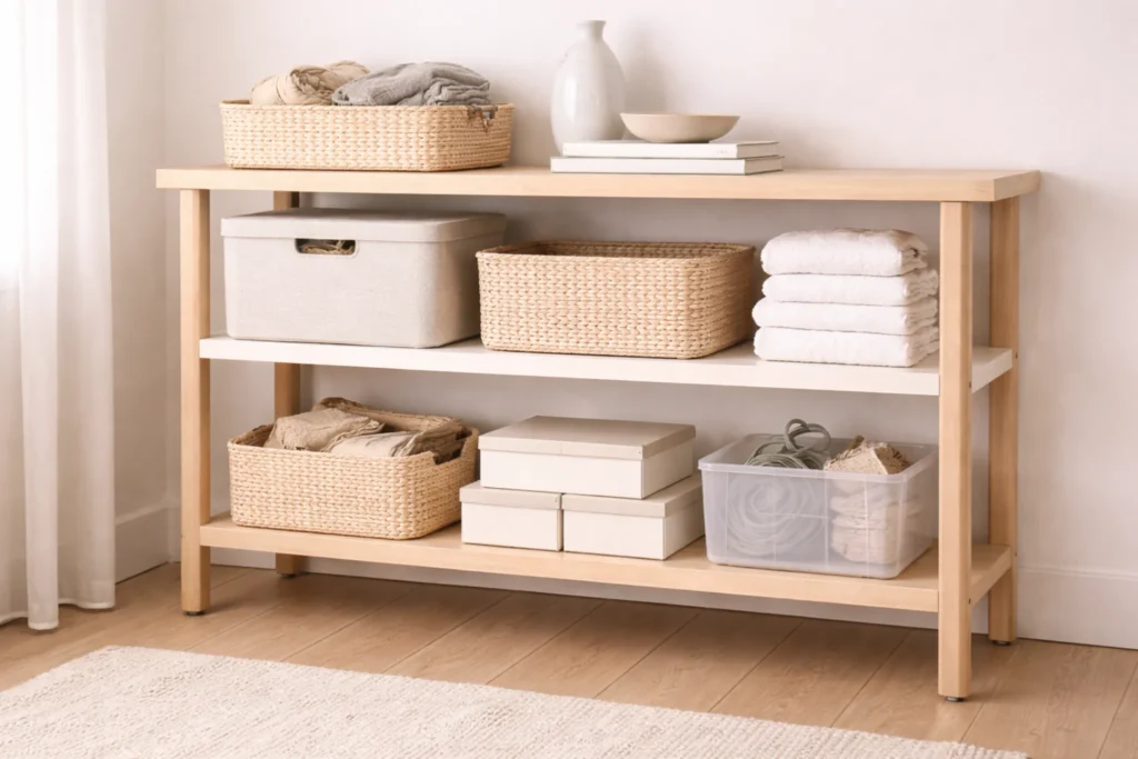 small space storage systems with flexible open shelving