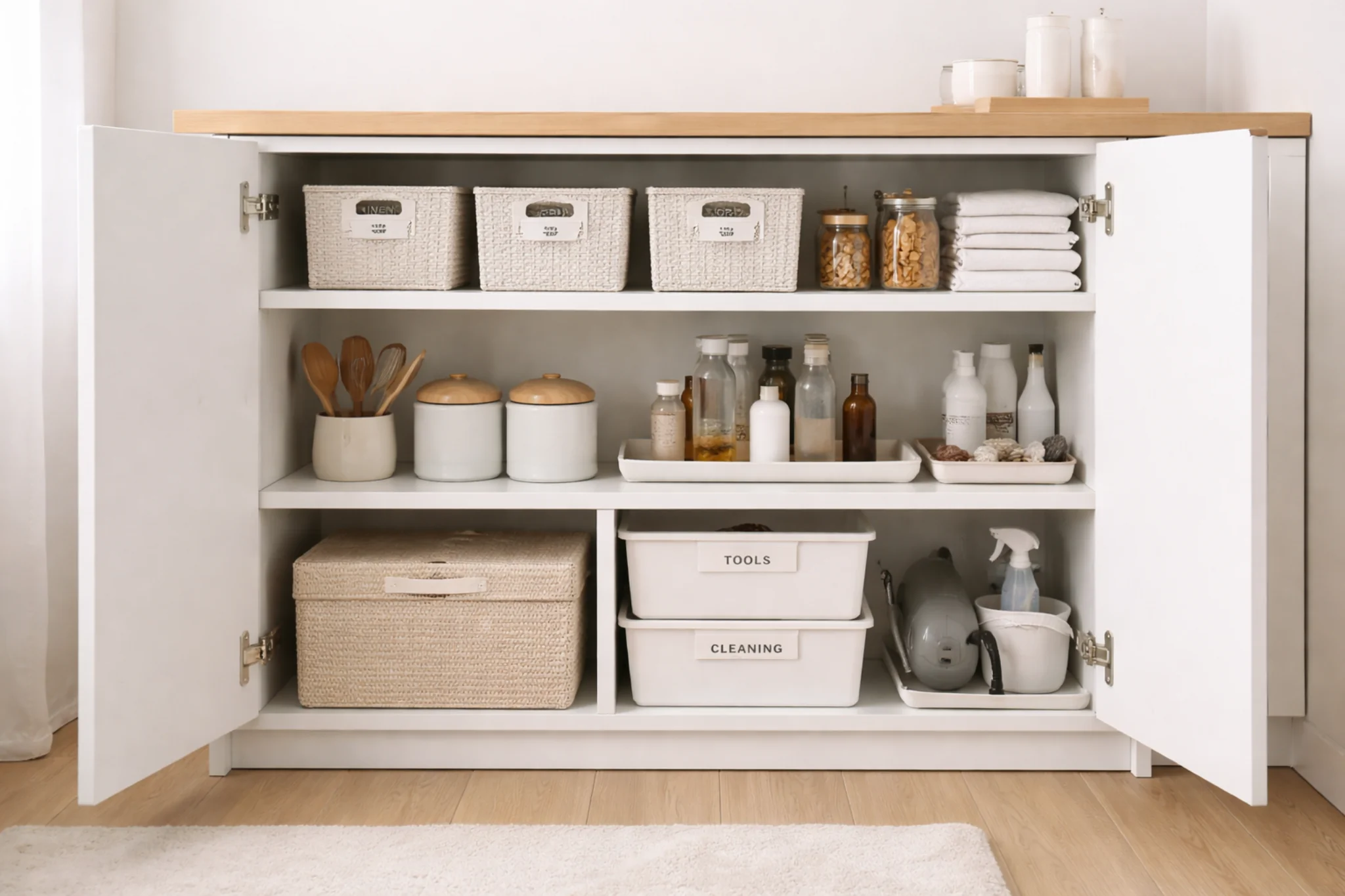small space storage systems inside a compact cabinet