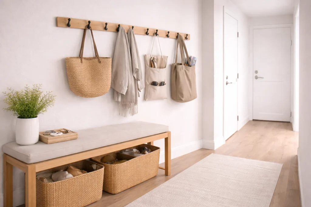 narrow hallway storage ideas using wall hook systems