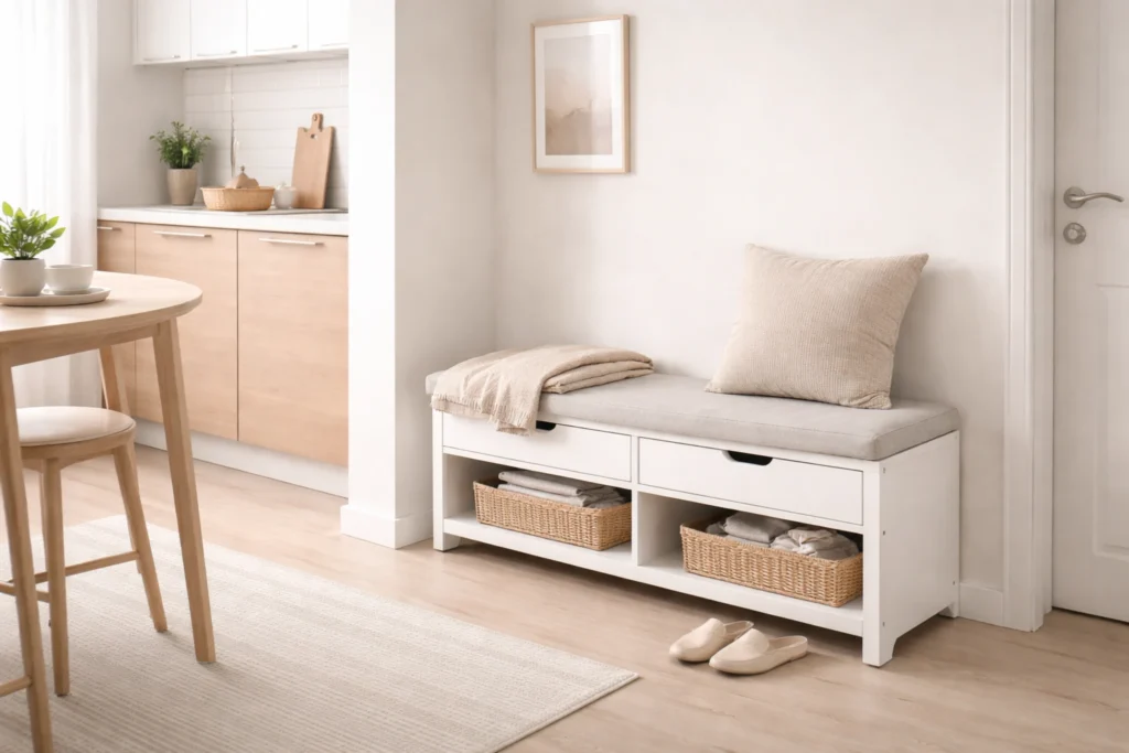 small kitchen furniture ideas featuring narrow storage bench in small kitchen