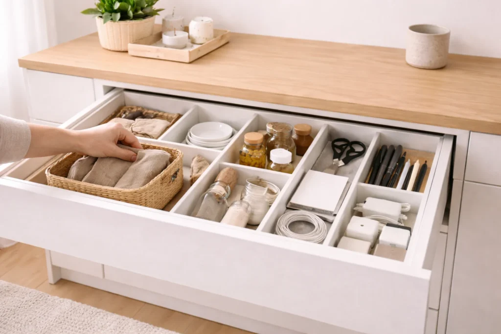 small space storage systems being reset in a compact drawer