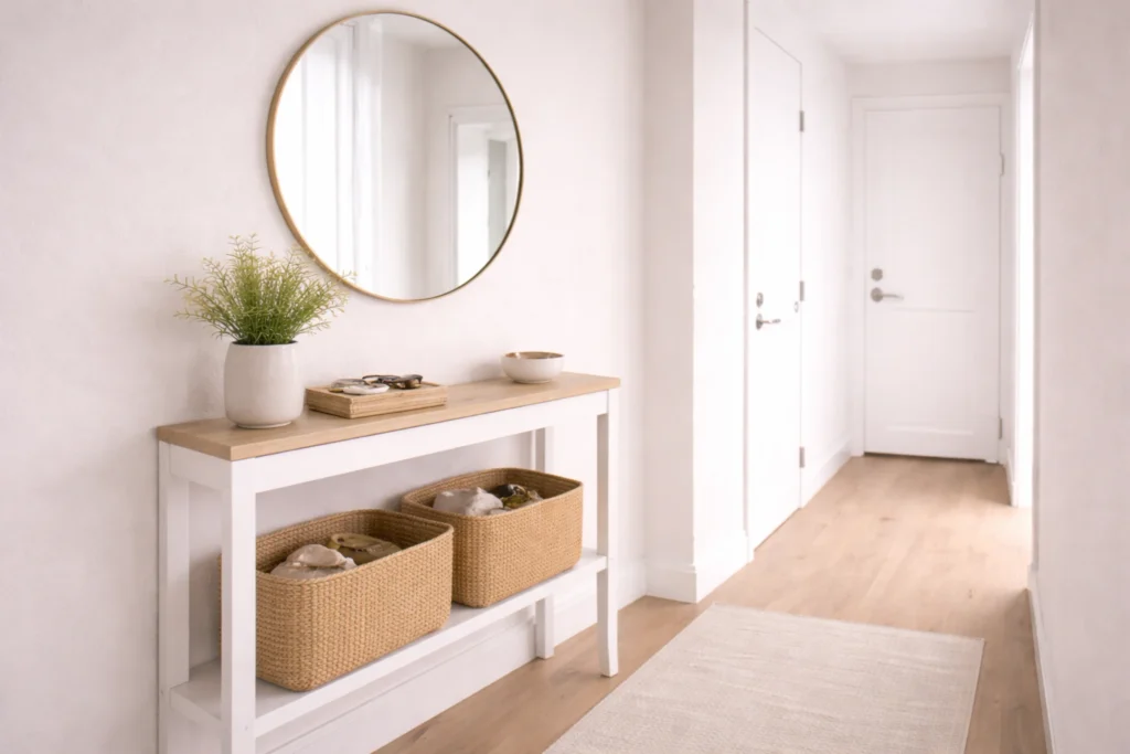 narrow hallway storage ideas with mirror and slim console