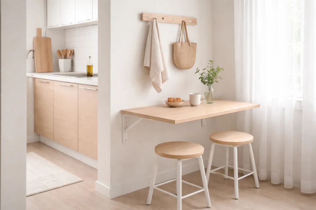 small kitchen furniture ideas using fold-down wall table in tiny kitchen