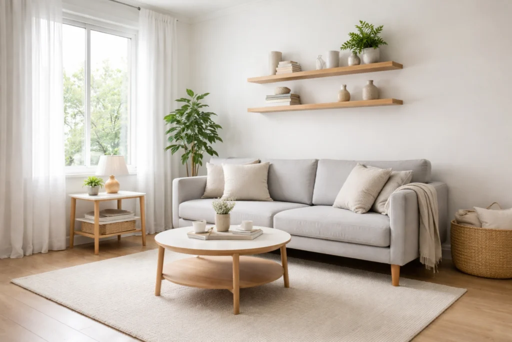 small living room furniture arrangement with slim sofa and compact coffee table