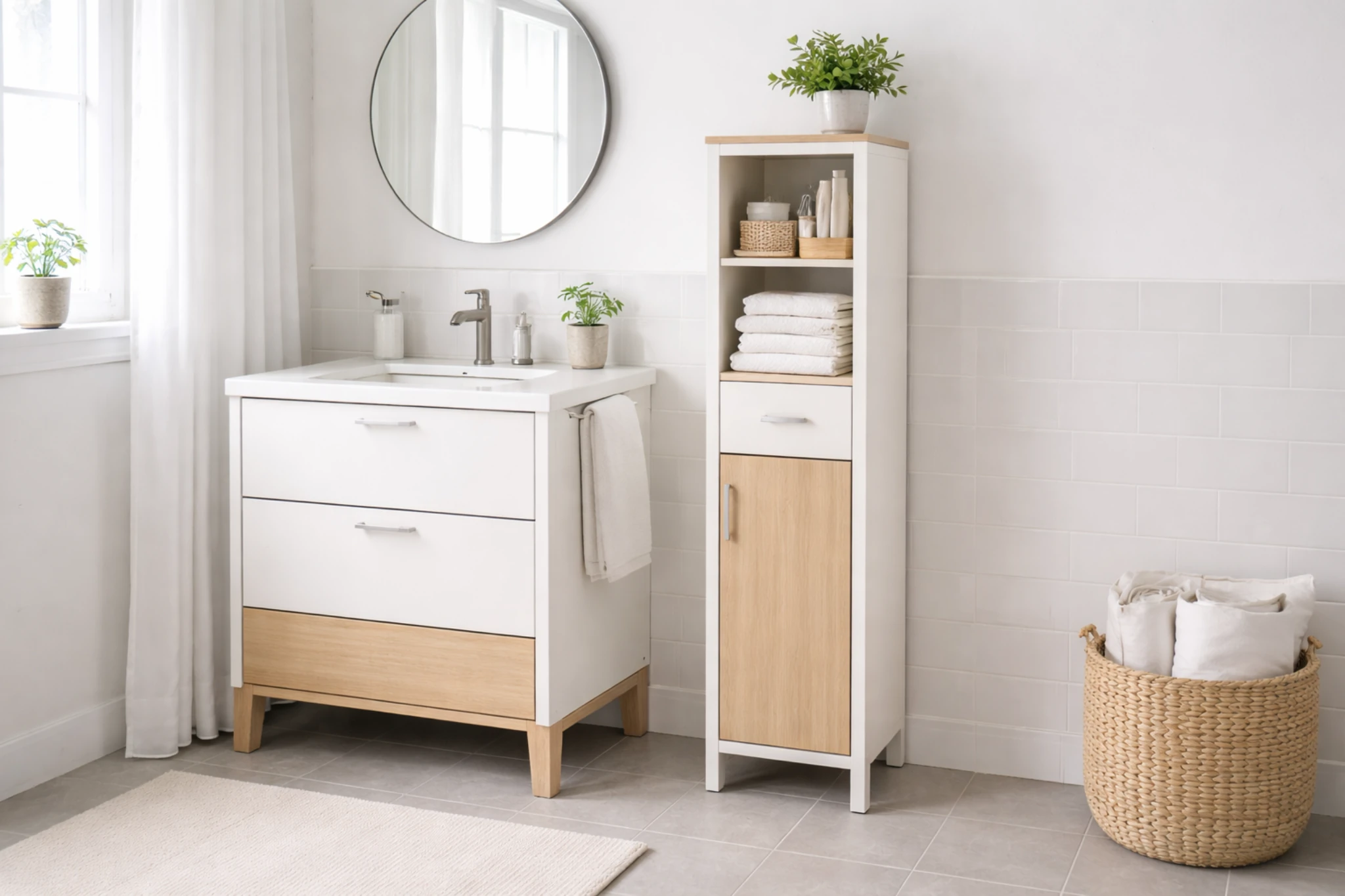 small bathroom furniture slim cabinet beside sink