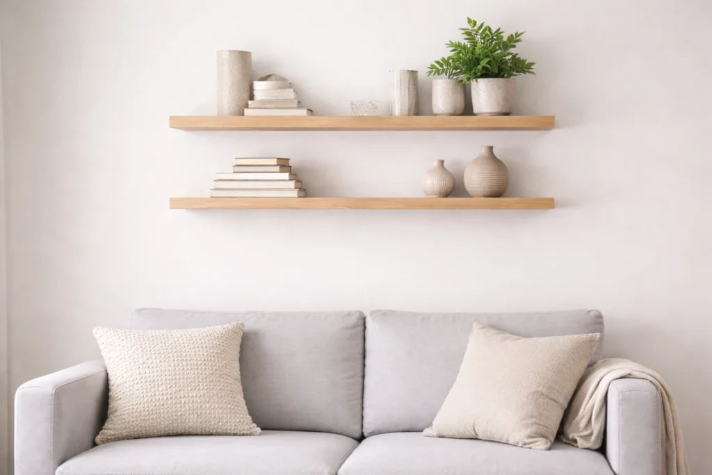 small living room furniture with floating wall shelves