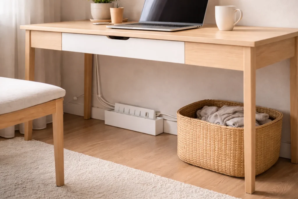 under-desk storage ideas for small spaces with clean minimal setup