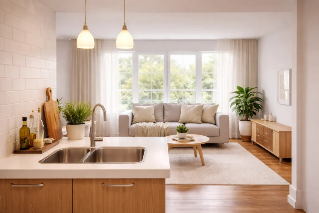 calm flow in small spaces open plan living kitchen