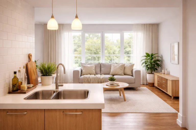 calm flow in small spaces open plan living kitchen