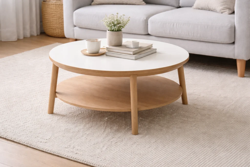 small living room furniture with round coffee table and compact seating