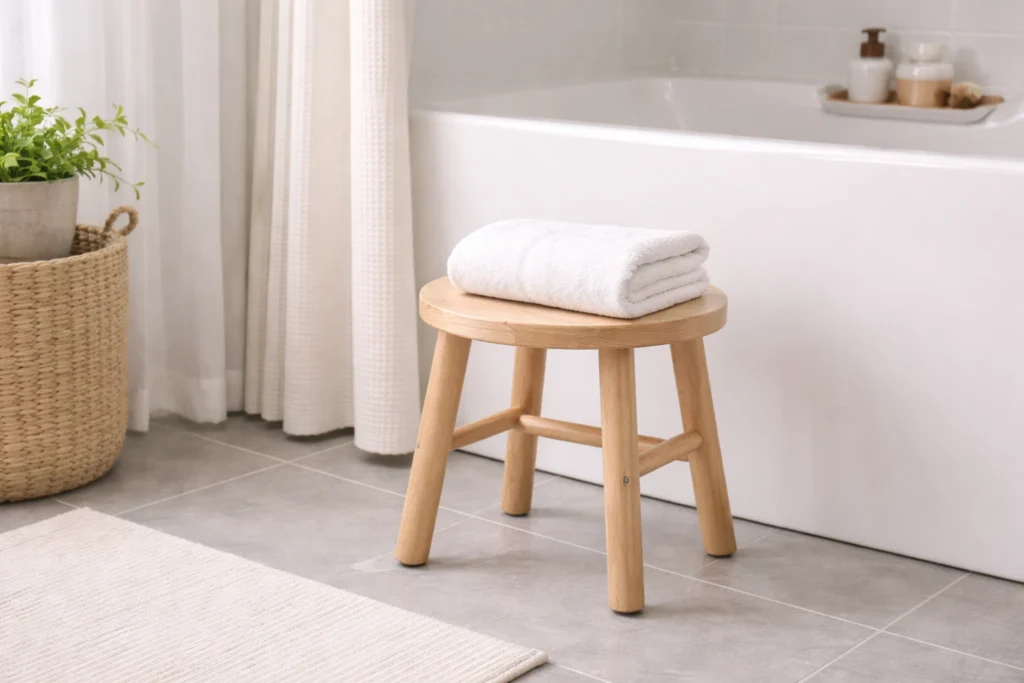 small bathroom furniture wooden stool beside tub