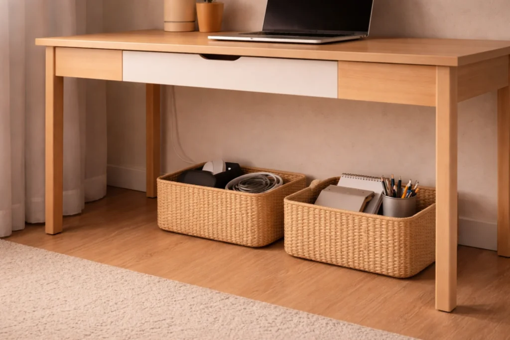 under-desk storage ideas for small spaces with tidy reset workspace