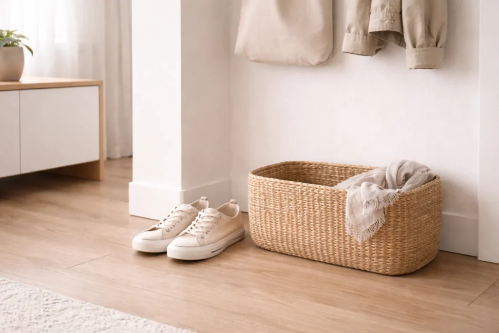 drop zone storage systems for small spaces floor basket and shoes near entryway