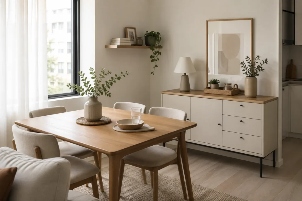 small dining space storage ideas with sideboard and clear table