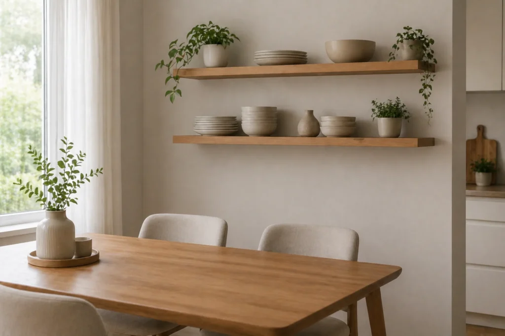 small dining space storage ideas with vertical shelving