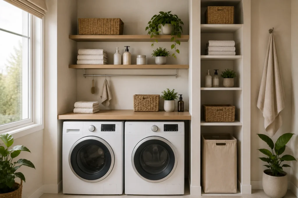 laundry zone ideas for small spaces with vertical storage systems