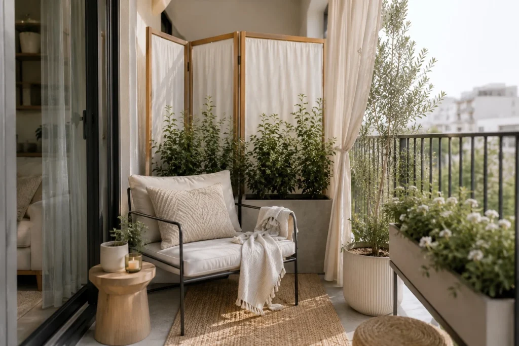 small balcony privacy ideas using layered screening and plants