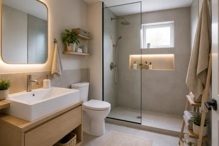 small bathroom zoning ideas subtle separation between sink and shower