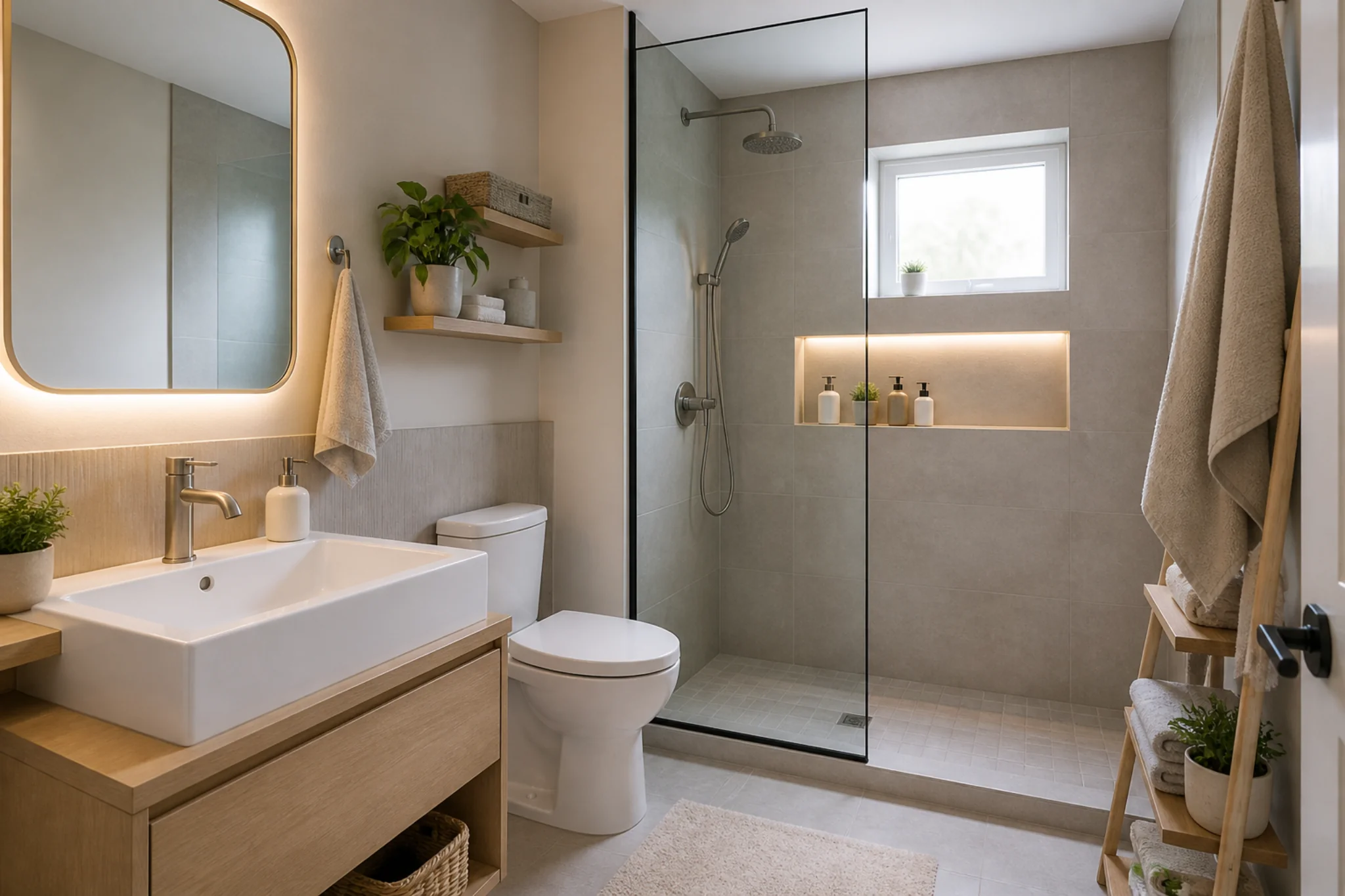 small bathroom zoning ideas subtle separation between sink and shower