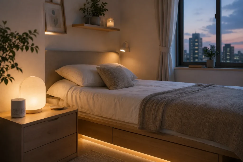 bedroom comfort gadgets for small spaces with soft evening lighting
