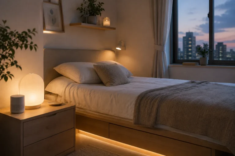 bedroom comfort gadgets for small spaces with soft evening lighting