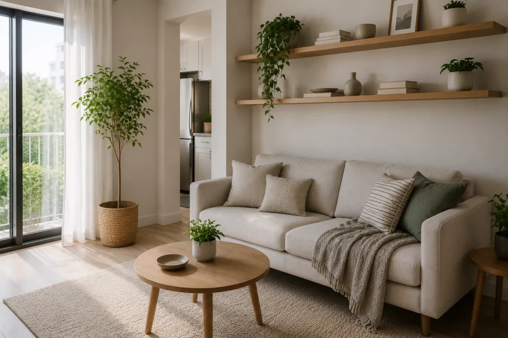 vertical storage systems for small apartments with floating wall shelves