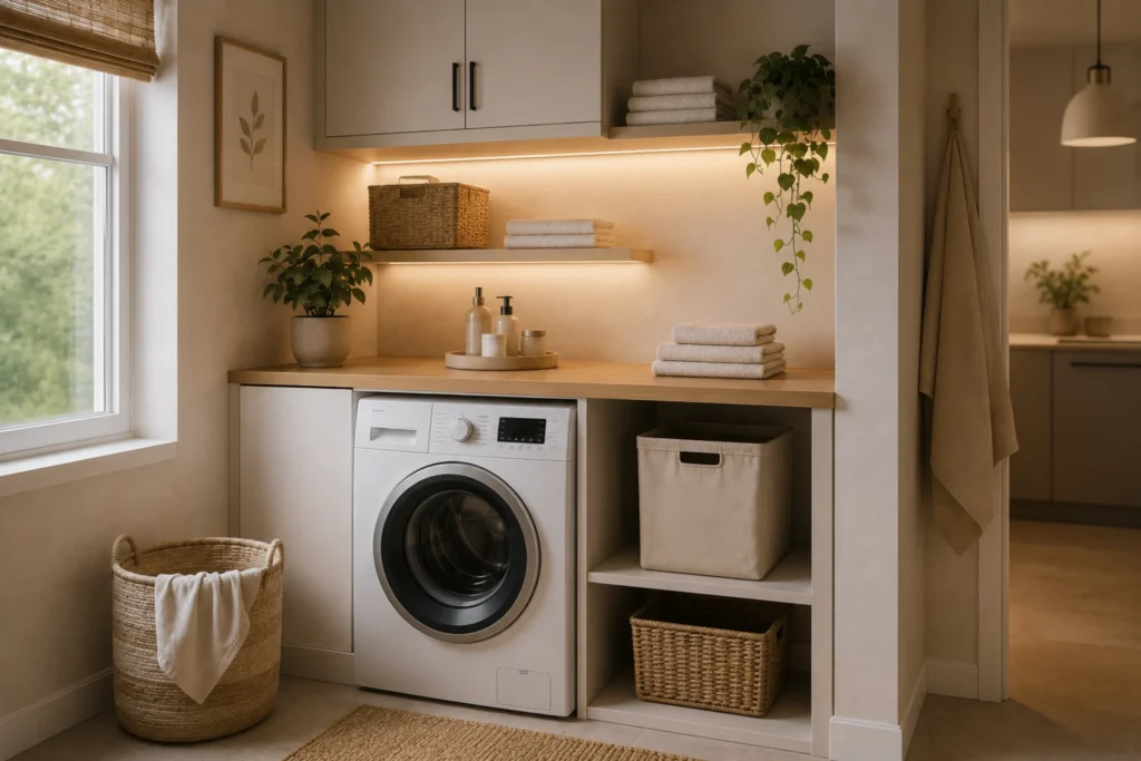 laundry zone ideas for small spaces with soft visual separation