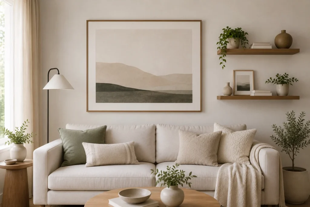small living room wall decor ideas with coordinated neutral styling